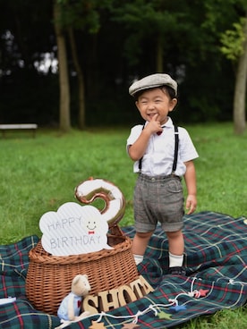 「H&M（エイチ・アンド・エム）のアイテム（ハンチング/ベレー帽）」を使った、shota*さん（キッズ・80cm）の秋コーディネート