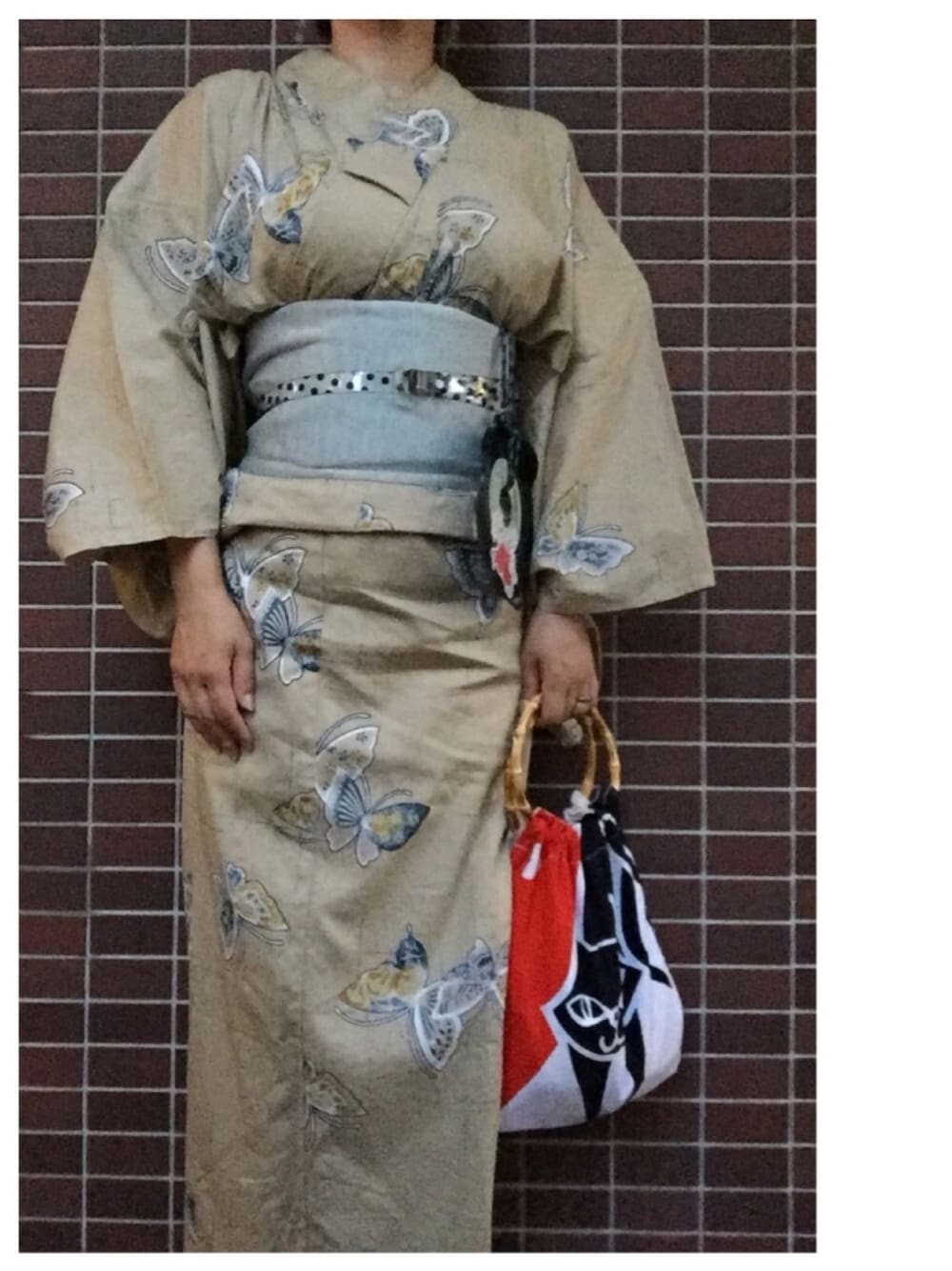 「大人カジュアル、夏コーデ、ハンドメイド、リバーシブルバッグ、バンブーハンドル、浴衣、ゆかた、半幅帯、半幅帯アレンジ、クリアベルト」｜「海老マヨピアス handmadeのアイテム（ピアス（両耳用）、ブルー系）」を使った、猫山さん（レディース・161cm）の夏コーディネートの1枚目の写真