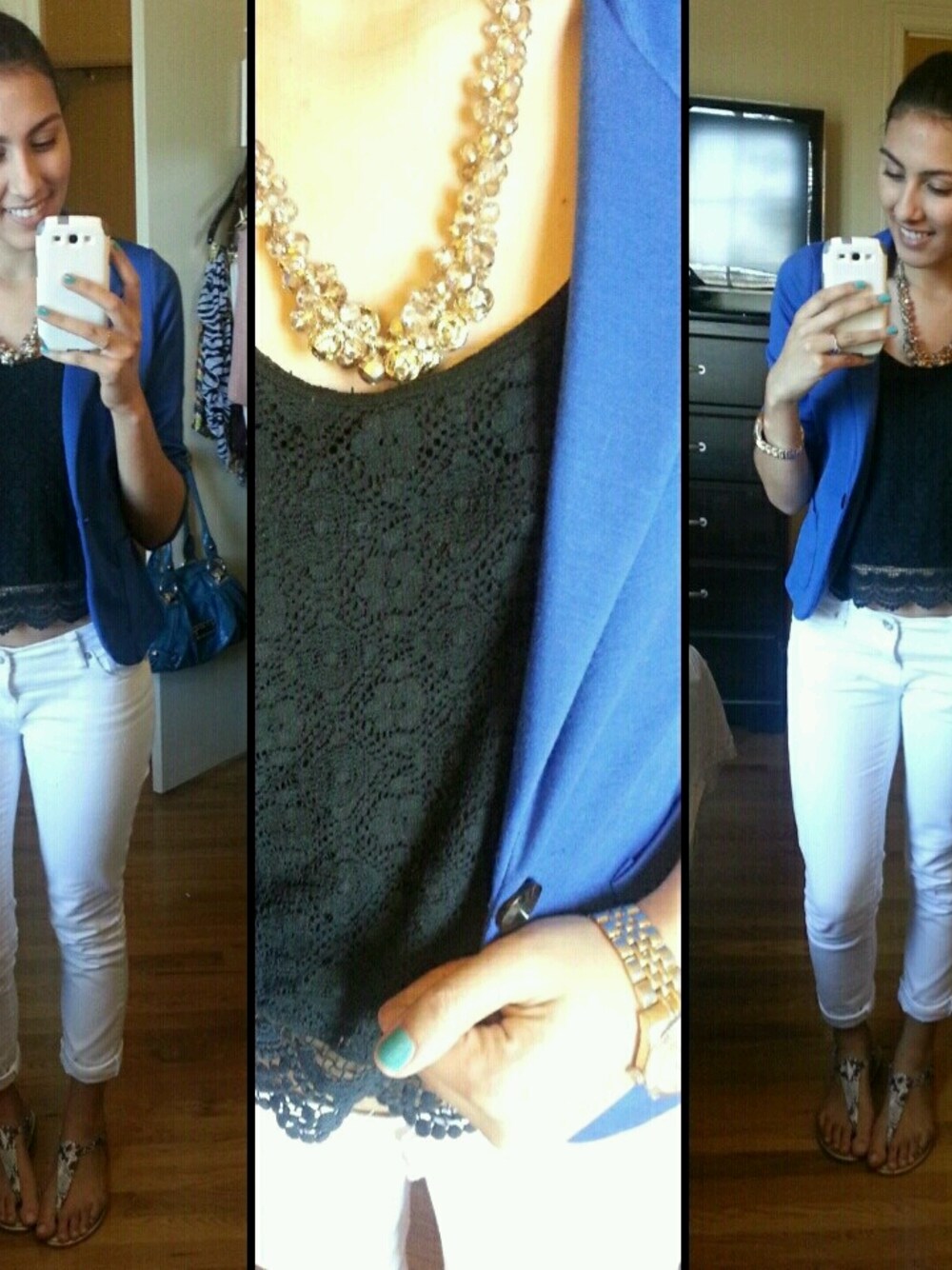 「American Eagle、blazer、Charlotte Russe、jeans、Jessica Simpson、necklace、sandals、top、vera wang」｜Wendy Carelaさん（レディース）の春コーディネートの1枚目の写真