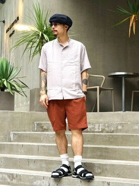 「SHAKA」｜「アイテム（ハンチング/ベレー帽）」を使った、タカハシ ヒロキさん（メンズ・173cm）の夏コーディネート