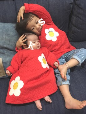 「Moujonjon（ムージョンジョン）のアイテム（ワンピース/ドレス）」を使った、SAHOさん（キッズ・90cm）の秋コーディネート