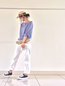 「袖ボリューム」｜「アイテム（帽子）」を使った、mi-n*さん（レディース・158cm）の夏コーディネート