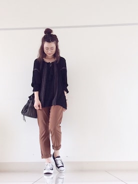 「黒ブラウス」｜mi-n*さん（レディース・158cm）の夏コーディネート