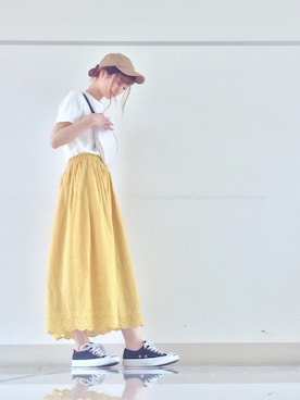 「スカラップ」｜「アイテム（帽子）」を使った、mi-n*さん（レディース・158cm）の夏コーディネート