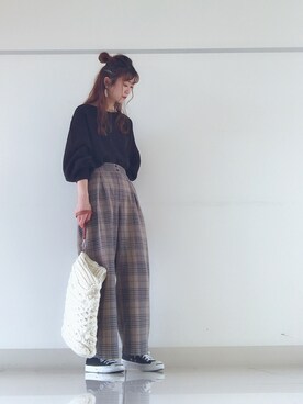 「THE SHOP TK （ザ ショップ ティーケー ）の◆【しわ防止】ボックスタックワイドパンツ（その他パンツ）」を使った、mi-n*さん（レディース・158cm）の秋コーディネート