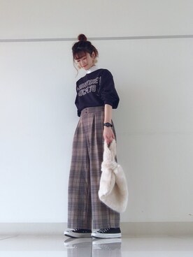 「THE SHOP TK （ザ ショップ ティーケー ）の◆【しわ防止】ボックスタックワイドパンツ（その他パンツ）」を使った、mi-n*さん（レディース・158cm）の秋コーディネート