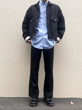 「ビッグシャツ」｜「アイテム（デニムジャケット）」を使った、ヤギさん（メンズ・178cm）の春コーディネート
