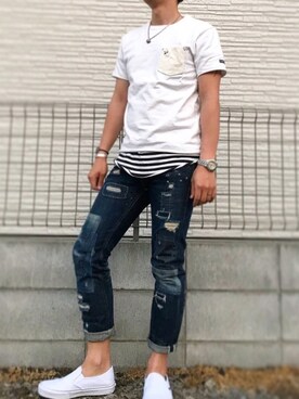 「スター」｜「アイテム（スリッポン）」を使った、あっちゃんさん（メンズ・175cm）の春コーディネート