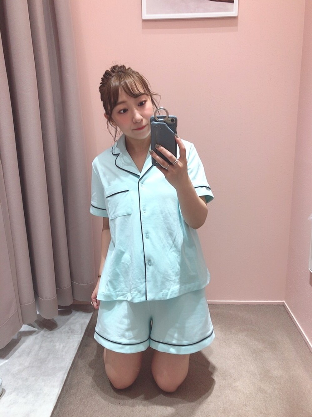 「休日スタイル、低身長コーデ、おうちファッション、おうち時間、おうちスタイル、ルームウェア、パジャマ、ビジュリィ、ミントグリーン、スカイブルー」｜「bijorieの裏毛パイピングパジャマ／半袖（ルームウェア/パジャマ、ブルー系）」を使った、★suzuyukiさん（レディース・151cm）の夏コーディネートの1枚目の写真