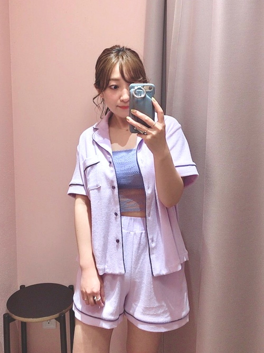 「楽チンコーデ、オトナ女子、ブラレット、バンドゥ、パジャマ、低身長、ビジュリィ、パープル、休日コーデ、おうちファッション」｜「bijorieのパイルパジャマ／半袖（ルームウェア/パジャマ、パープル系）」を使った、★suzuyukiさん（レディース・151cm）の夏コーディネートの1枚目の写真