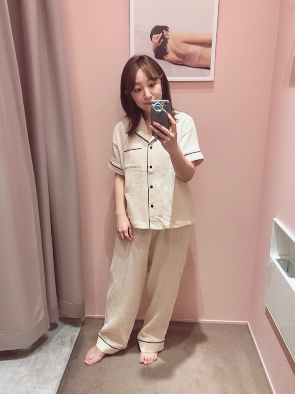 「楽チンコーデ、低身長コーデ、リラックススタイル、おうちファッション、パジャマ、オトナ女子、休日コーデ、ルームウェア、ビジュリィ、夏コーデ」｜「bijorieのコットンガーゼ パジャマ／半袖（ルームウェア/パジャマ、ホワイト系）」を使った、★suzuyukiさん（レディース・151cm）の夏コーディネートの1枚目の写真
