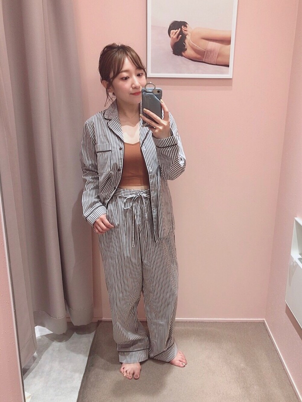 「オトナ女子、パジャマ、おうちファッション、おうち時間、低身長、ビジュリィ、ストライプ、ブラレット、ヘルシー、ブラウンコーデ」｜「bijorieのストライプコットン パジャマ／長袖（ルームウェア/パジャマ、イエロー系）」を使った、★suzuyukiさん（レディース・151cm）の夏コーディネートの1枚目の写真