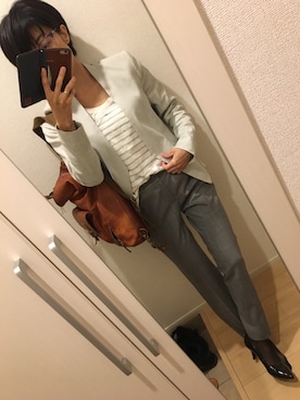 「柄×柄」｜「アイテム（ノーカラージャケット）」を使った、A(￣▽￣)Aさん（レディース・154cm）の秋コーディネート