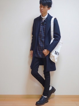「MHL.」｜「アイテム（チェスターコート）」を使った、みやさん（メンズ・179cm）の秋コーディネート