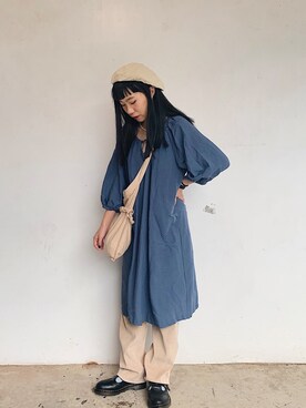 「UNIQLO（ユニクロ）のアイテム（シャツワンピース、ブルー系）」を使った、zoeeeさん（レディース・155cm）の冬コーディネート