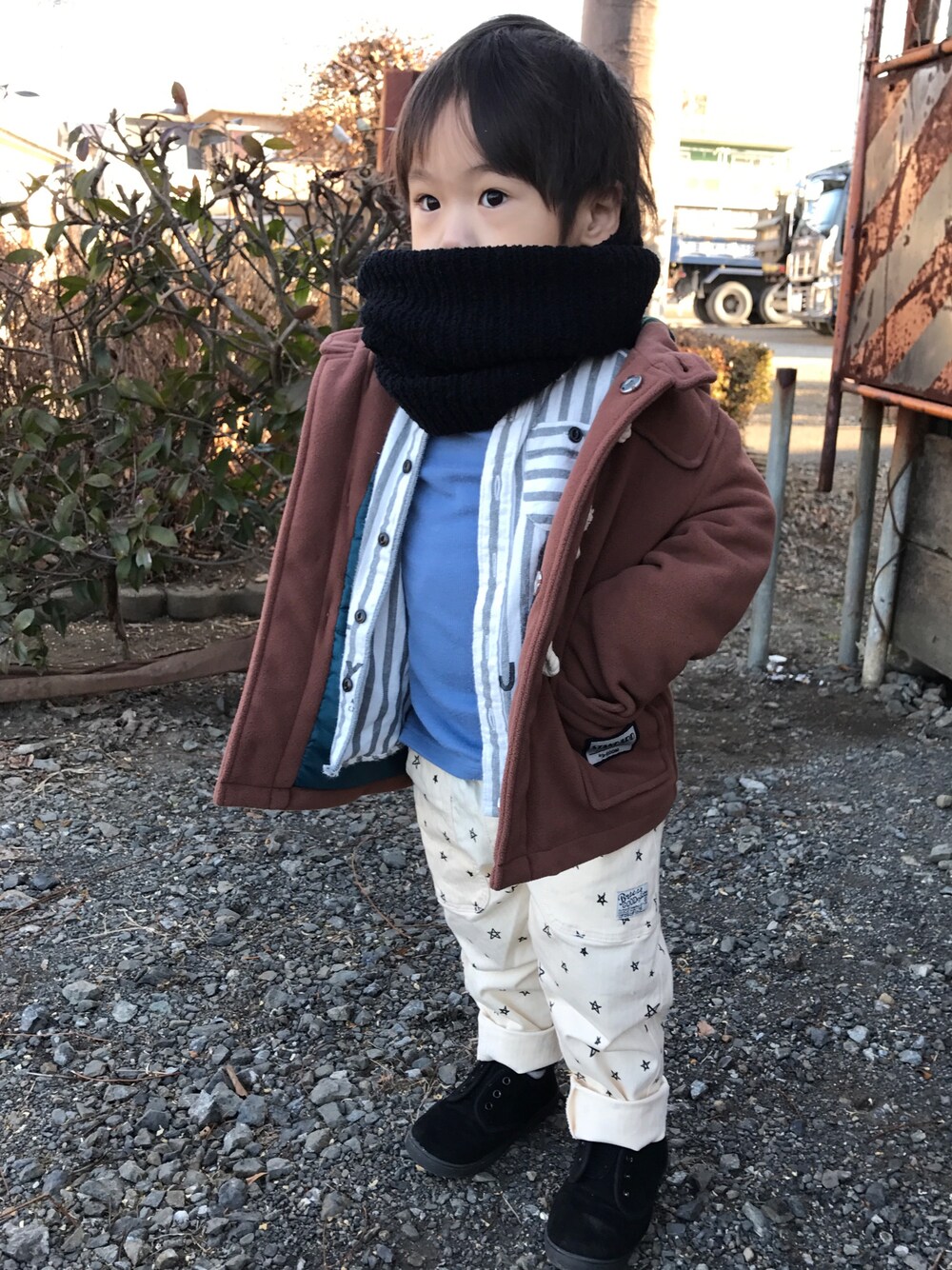 「おとこのこ、カジュアルコーデ、冬、3歳」｜「BREEZEのネット限定テーパードパンツ（その他パンツ、ホワイト系）」を使った、sou...iさん（キッズ・90cm）の冬コーディネートの1枚目の写真