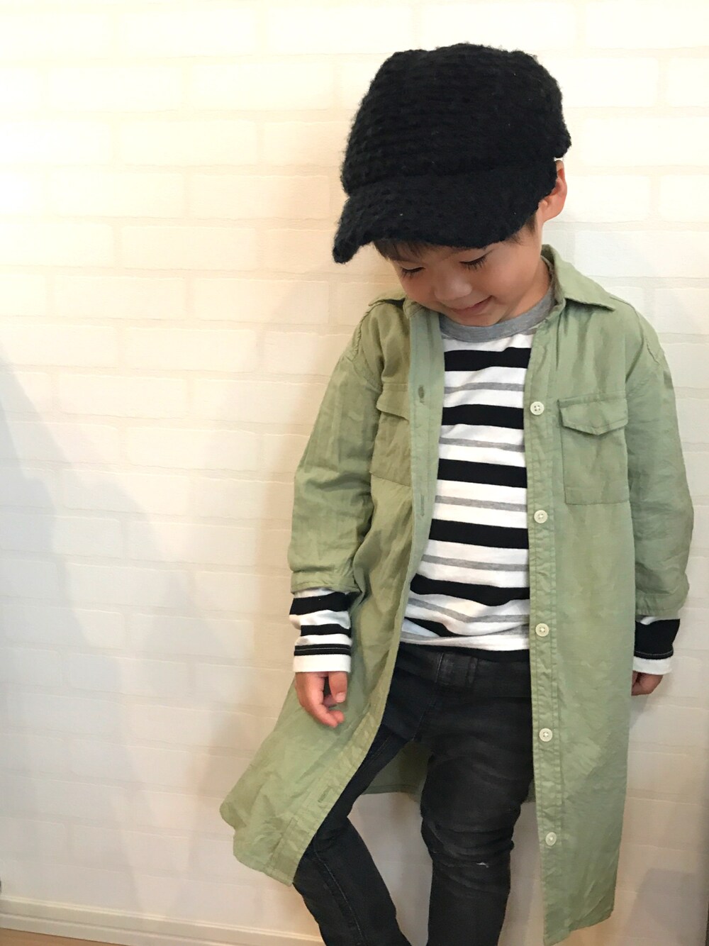 「秋のコーデ、キッズファッション、シンプル、男の子、ボーダー、ブランシェス、プティマイン、3歳」｜「BRANSHESのクレイジーボーダー長袖Tシャツ（Tシャツ/カットソー、ブラック系）」を使った、sou...iさん（キッズ・100cm）の秋コーディネートの1枚目の写真