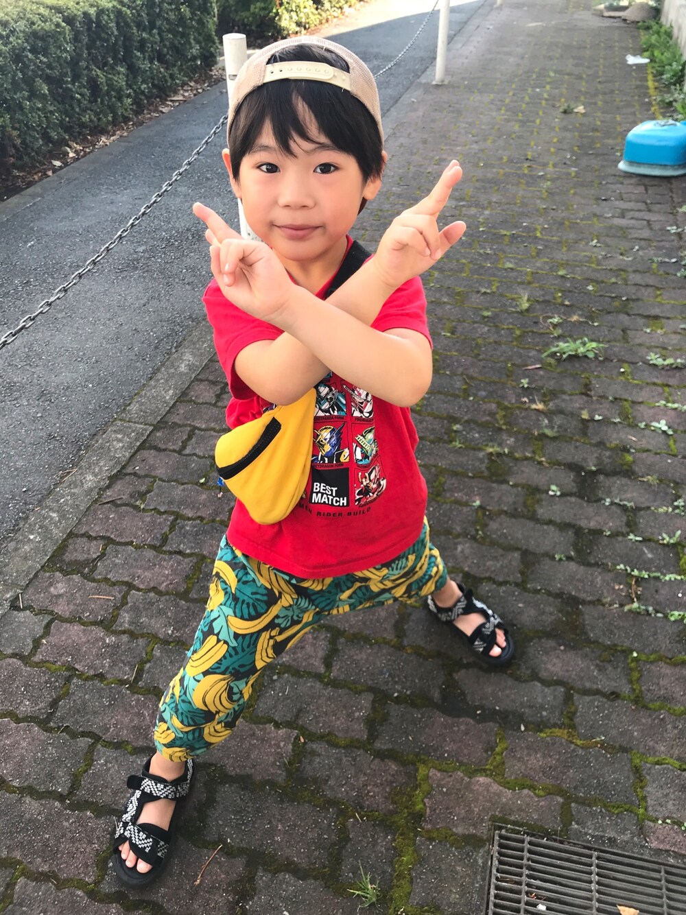 「夏、パジャマ、ポケモンGO、男の子、5歳、夏休み」｜「petit mainのアロハ柄キャップ（キャップ、ホワイト系）」を使った、sou...iさん（キッズ・110cm）の夏コーディネートの1枚目の写真