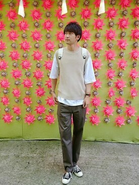 「アイテム（バックパック/リュック、ホワイト系）」を使った、にっちさん（メンズ・186cm）の夏コーディネート