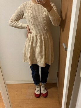 「Honeys（ハニーズ）のデニムテーパードパンツ（デニムパンツ）」を使った、komichi さん（レディース・159cm）の冬コーディネート