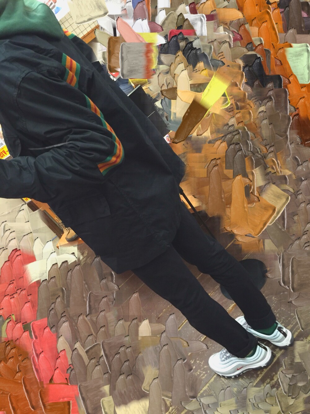 「黒スキニー、AIRMAX97、airmax、FACETASM、stussy、NIKE、スニーカー、ストリートMIX、ストリート入門」｜「FACETASMのアイテム（ジャケット/アウター、ブラック系）」を使った、.jpさん（メンズ・177cm）の冬コーディネートの1枚目の写真