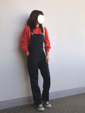 「赤ニット」｜「アイテム（サロペット/オーバーオール）」を使った、JiYoungさん（レディース・160cm）の冬コーディネート