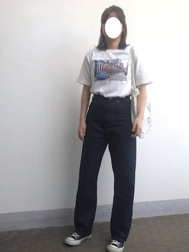 「LOWRYS FARM（ローリーズファーム）のCONEハイライズワイドデニム　800874（デニムパンツ）」を使った、JiYoungさん（レディース・160cm）の春コーディネート