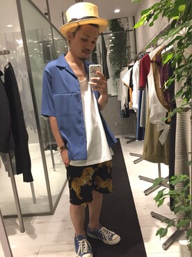 「STUDIOUS（ステュディオス）のアイテム（トップス）」を使った、たにもとさん（メンズ・175cm）の夏コーディネート