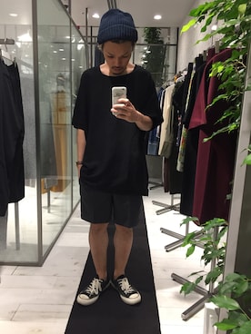 「Iroquois（イロコイ）のアイテム（Tシャツ/カットソー、ブラック系）」を使った、たにもとさん（メンズ・175cm）の夏コーディネート