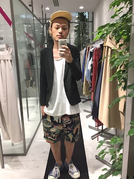 「STUDIOUS（ステュディオス）のSTUDIOUS マルチストレッチテーラードジャケット（テーラードジャケット、グリーン系）」を使った、たにもとさん（メンズ・175cm）の夏コーディネート