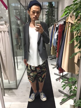 「STUDIOUS（ステュディオス）のSTUDIOUS マルチストレッチテーラードジャケット（テーラードジャケット、グレー系）」を使った、たにもとさん（メンズ・175cm）の夏コーディネート