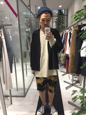 「STUDIOUS（ステュディオス）のSTUDIOUS マルチストレッチオープンカラーオーバーシャツ（シャツ/ブラウス、ブラック系）」を使った、たにもとさん（メンズ・175cm）の夏コーディネート