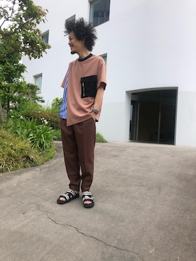 「CULLNI（クルニ）の【CULLNI】STUDIOUS限定 STRIPE COMBINATION PO（Tシャツ/カットソー、ピンク系）」を使った、たにもとさん（メンズ・175cm）の春コーディネート
