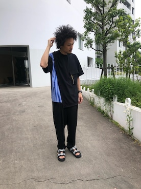 「CULLNI（クルニ）の【CULLNI】STUDIOUS限定 STRIPE COMBINATION PO（Tシャツ/カットソー、ブラック系）」を使った、たにもとさん（メンズ・175cm）の春コーディネート