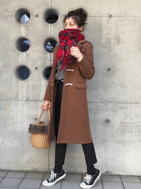 「赤チェック」｜「アイテム（ダッフルコート）」を使った、Sayaka͛♡꒰･･ﾐ ͛꒱さん（レディース・156cm）の冬コーディネート