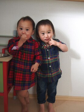 「gapkidsのアイテム（シャツ/ブラウス、ブルー系）」を使った、ちゃんあやさん（レディース・154cm）の冬コーディネート