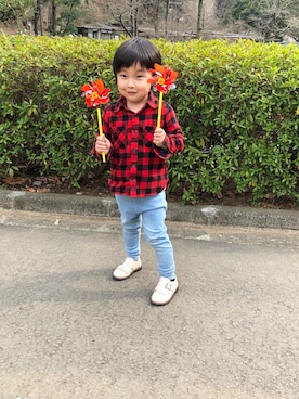 「BRANSHES（ブランシェス）のブロックチェックシャツ（シャツ/ブラウス）」を使った、k_ha_iさん（キッズ・100cm）の春コーディネート