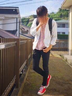 「アイテム（ノーカラージャケット、ホワイト系）」を使った、ya（やー）さん（メンズ・177cm）の秋コーディネート