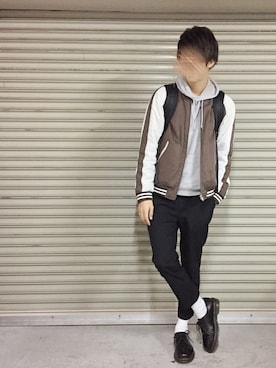 「アイテム（MA-1、ブラウン系）」を使った、ya（やー）さん（メンズ・177cm）の秋コーディネート
