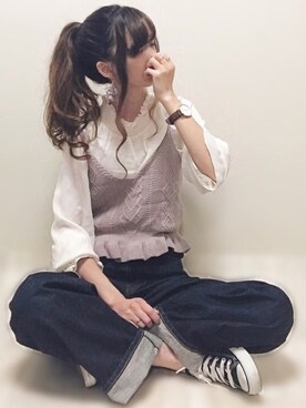 「UNIQLO（ユニクロ）のハイライズワイドストレートジーンズ（デニムパンツ）」を使った、aikoさん（レディース・165cm）の春コーディネート