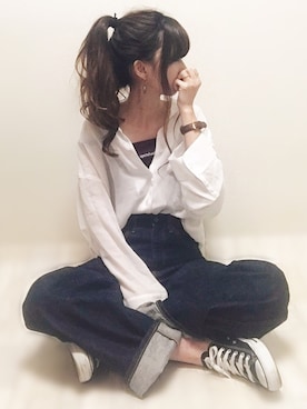 「UNIQLO（ユニクロ）のハイライズワイドストレートジーンズ（デニムパンツ）」を使った、aikoさん（レディース・165cm）の春コーディネート