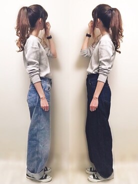 「UNIQLO（ユニクロ）のハイライズワイドストレートジーンズ（デニムパンツ）」を使った、aikoさん（レディース・165cm）の春コーディネート