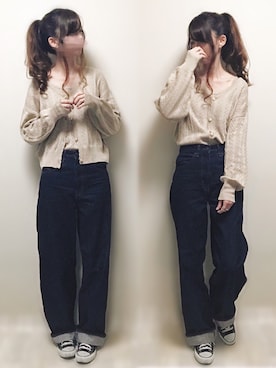 「UNIQLO（ユニクロ）のハイライズワイドストレートジーンズ（デニムパンツ）」を使った、aikoさん（レディース・165cm）の春コーディネート