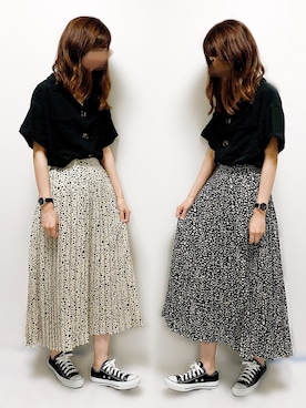 「Chaco closet（チャコ クローゼット）のアソートプリーツ Aラインウエストゴムロングスカート[チェック 小花柄 ダルメシアン コーデュロイ サテン シアー 無地]（スカート）」を使った、aikoさん（レディース・165cm）の夏コーディネート