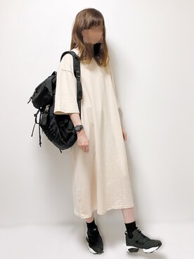 「Chaco closet（チャコ クローゼット）のバルーンスリーブ7分袖ポケット付きミニ裏毛Aラインスウェットワンピース（ワンピース）」を使った、aikoさん（レディース・165cm）の夏コーディネート