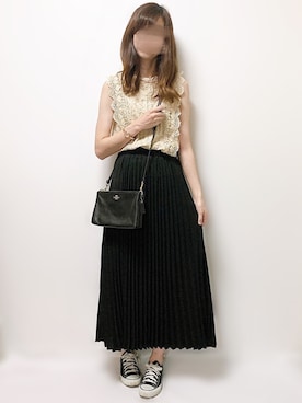 「Chaco closet（チャコ クローゼット）のアソートプリーツ Aラインウエストゴムロングスカート[チェック 小花柄 ダルメシアン コーデュロイ サテン シアー 無地]（スカート）」を使った、aikoさん（レディース・165cm）の夏コーディネート