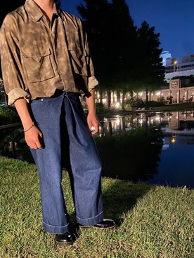 「JOHN LAWRENCE SULLIVAN（ジョンローレンスサリバン）のRIGID DENIM WIDE PANTS（デニムパンツ）」を使った、kumemasashi _さん（メンズ・172cm）の夏コーディネート