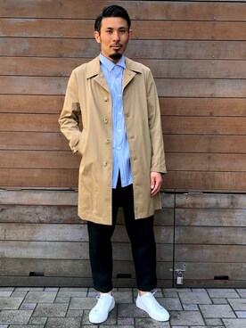 「STUDIOUS（ステュディオス）のアイテム（ステンカラーコート）」を使った、Hiroyukiさん（メンズ・177cm）の春コーディネート