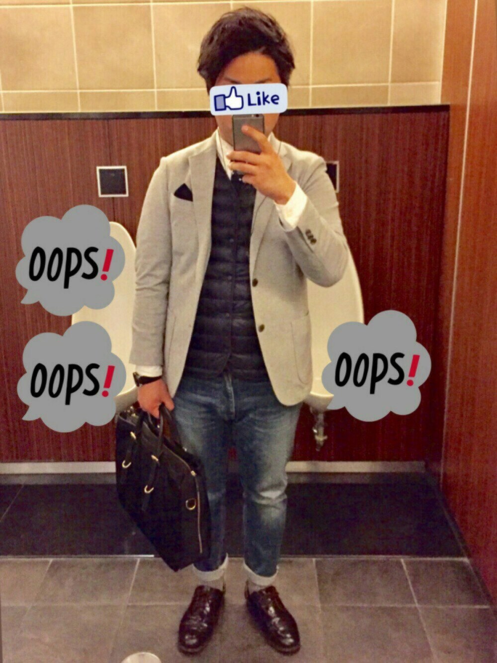 グレー系のジャケット/アウター、ホワイト系のシャツ/ブラウス、ブルー系のダウンジャケット/コートを着用したメンズの秋コーディネートの1枚目の写真