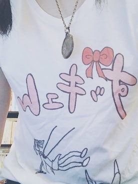 「てぬぐいのアイテム（Tシャツ/カットソー、ホワイト系）」を使った、うつつさん（169cm）の夏コーディネート